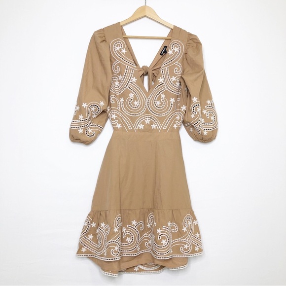 Express tan embroidered v neck open back tie back dress - Picture 1 of 13